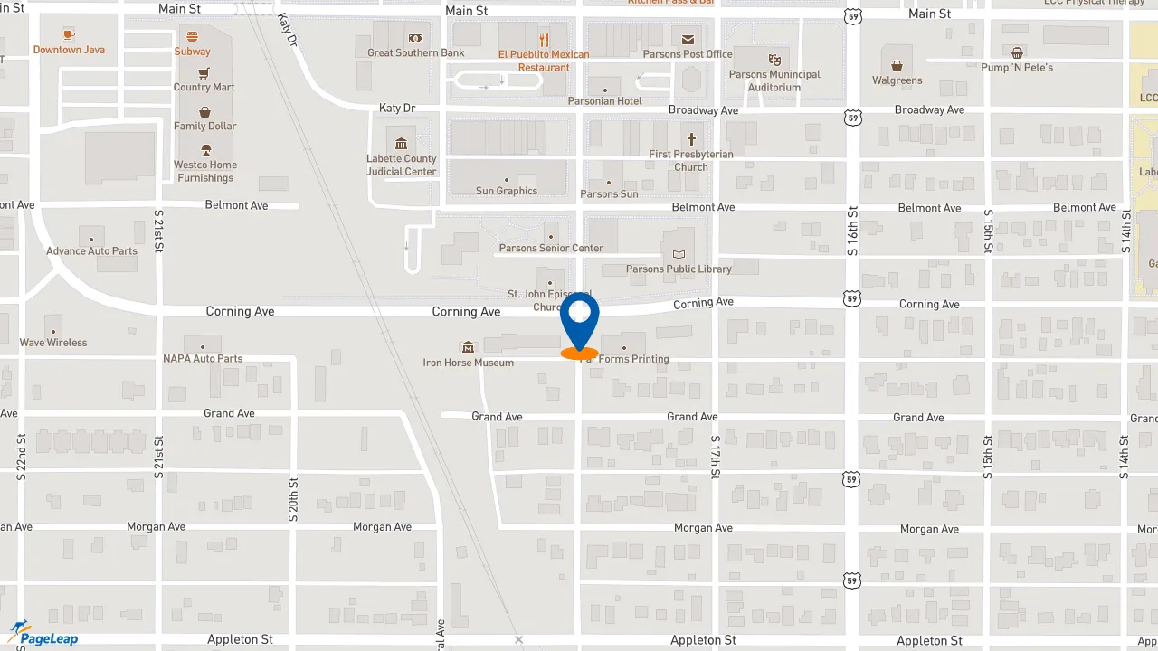https://pageleap.com map showing location of 18th Street Pub in Parsons.