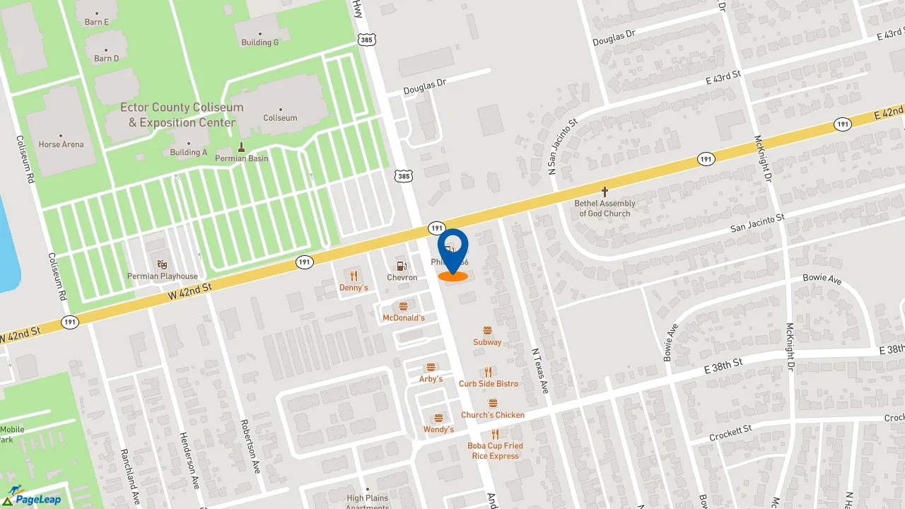 https://pageleap.com map showing location of 7 Brew Coffee in Odessa.