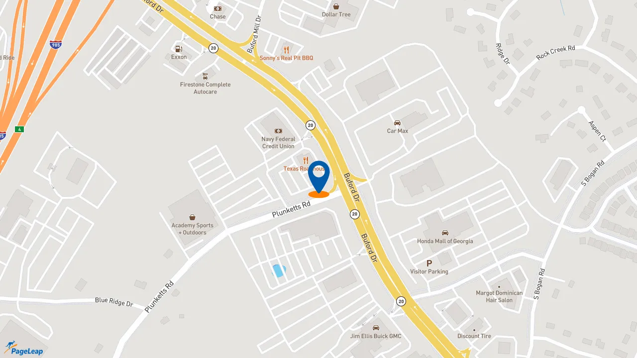 https://pageleap.com map showing location of 7 Brew Coffee in Buford.