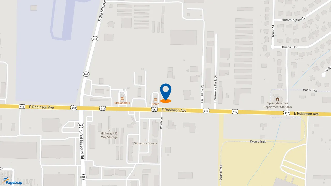 https://pageleap.com map showing location of 7 Brew Coffee in Springdale.
