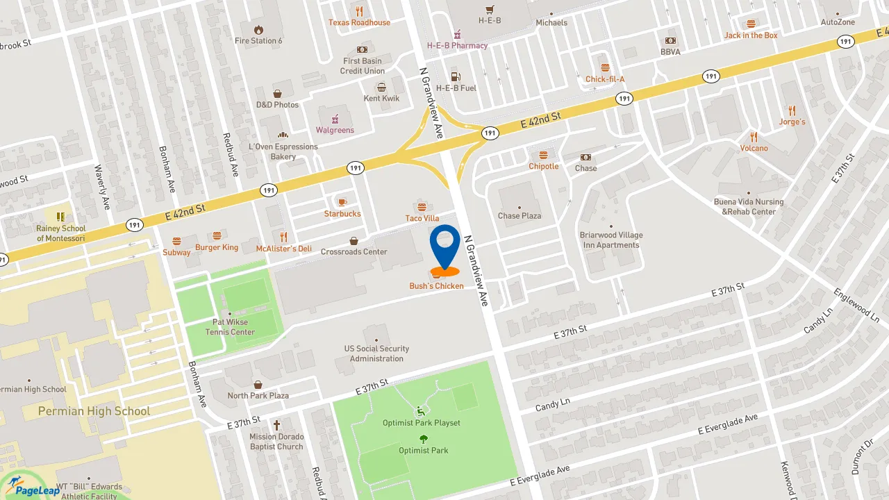 https://pageleap.com map showing location of 7 Brew Coffee in Odessa.