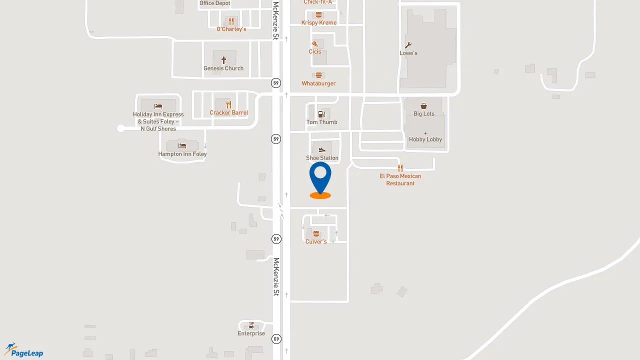 https://pageleap.com map showing location of 7 Brew Coffee in Foley.