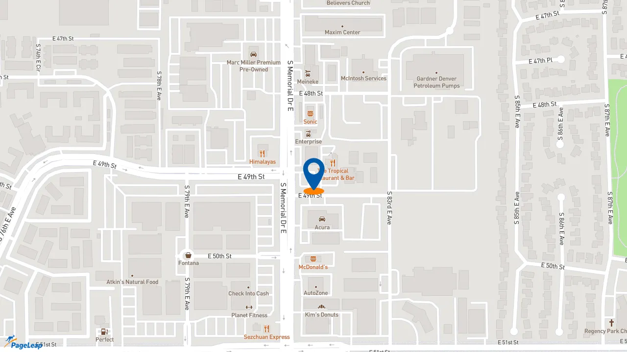 https://pageleap.com map showing location of 7 Brew Coffee in Tulsa.