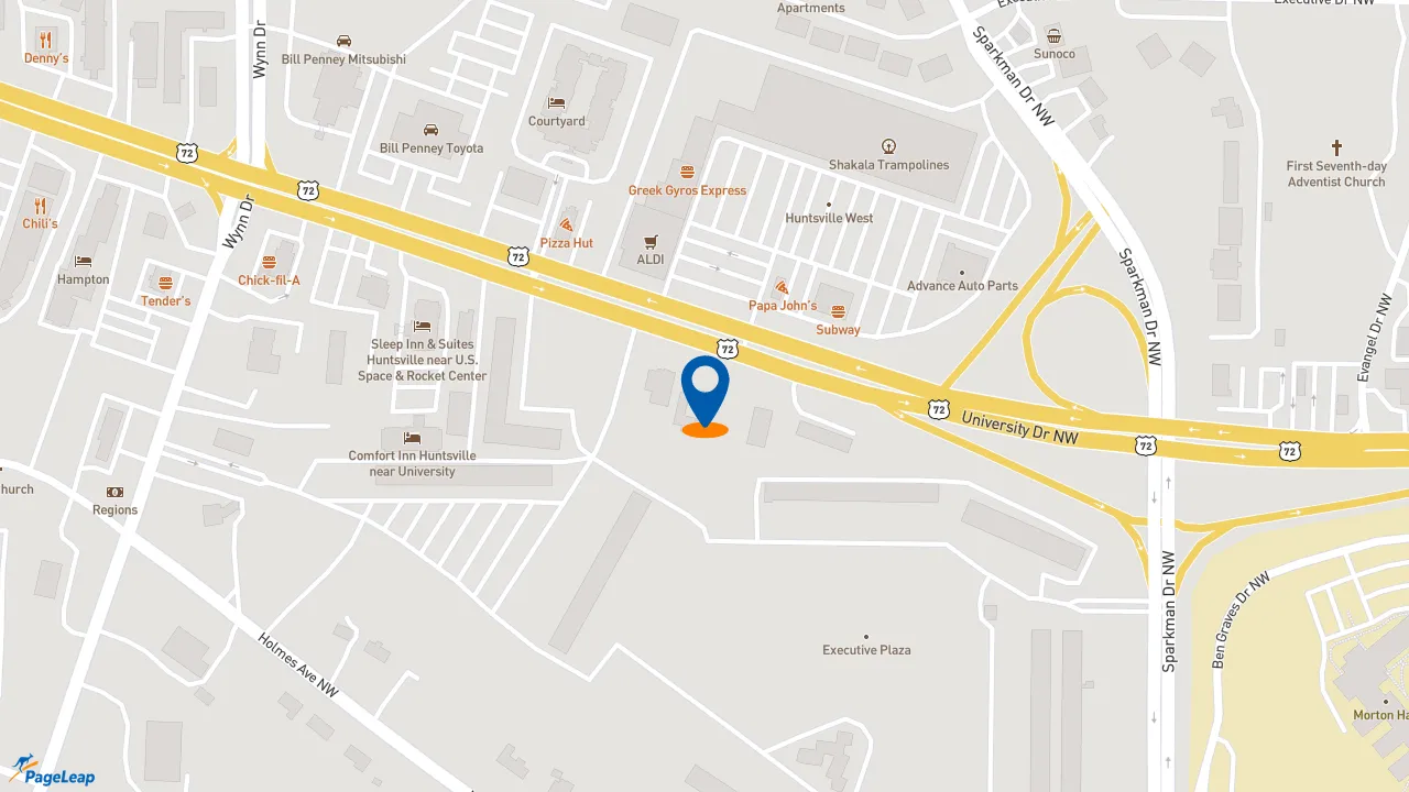 https://pageleap.com map showing location of 7 Brew Coffee in Huntsville.