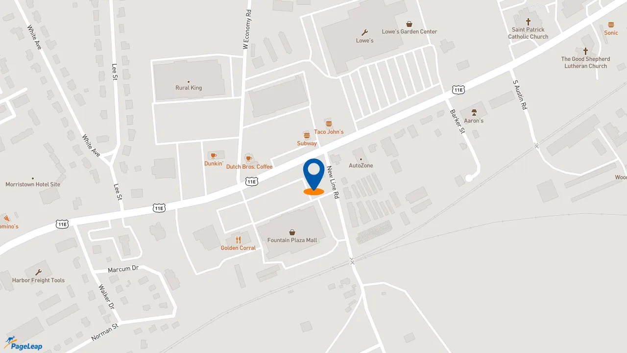 https://pageleap.com map showing location of 7 Brew Coffee in Morristown.