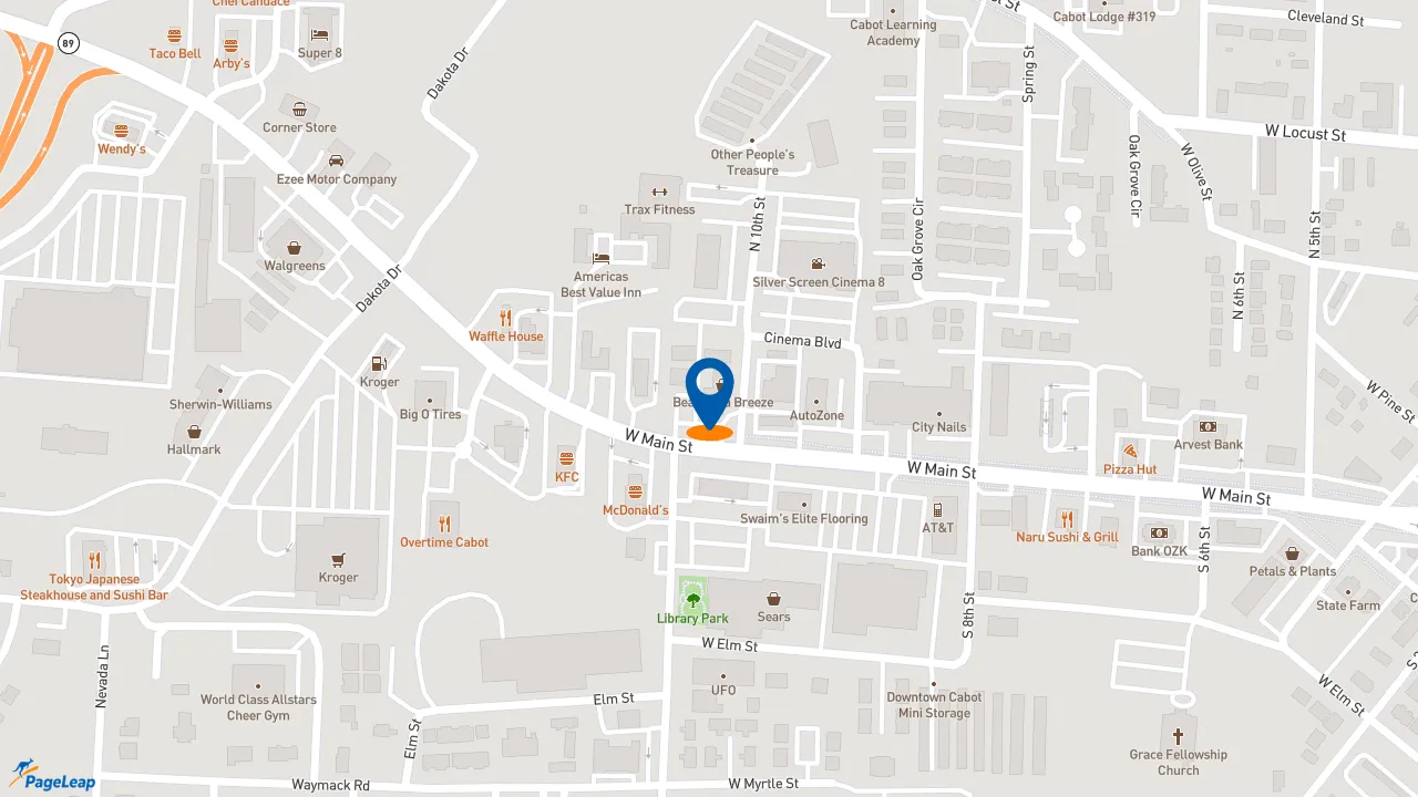 https://pageleap.com map showing location of 7 Brew Coffee in Cabot.