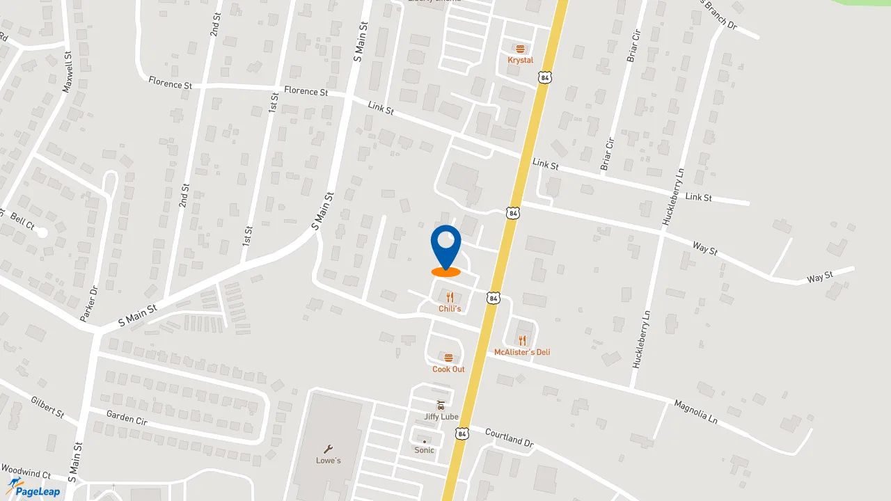 https://pageleap.com map showing location of 7 Brew Coffee in Hinesville.