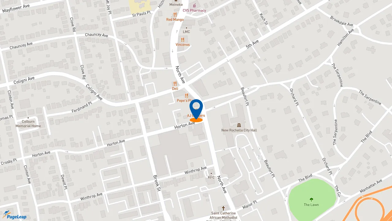 https://pageleap.com map showing location of Aj&#039;s Burgers in New Rochelle.