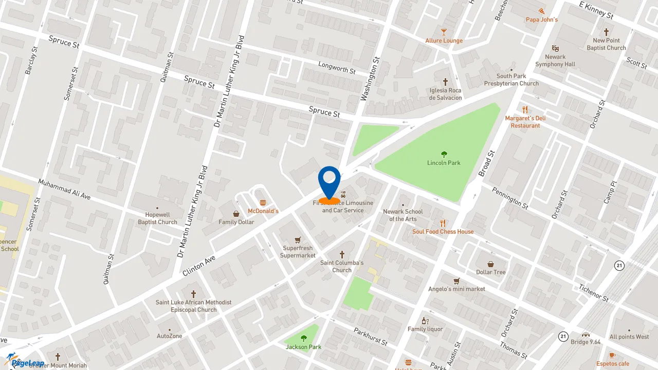 https://pageleap.com map showing location of Ambassador Fish and Chicken in Newark.