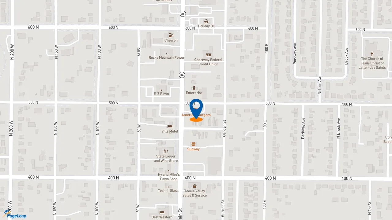 https://pageleap.com map showing location of American Burgers in Tooele.