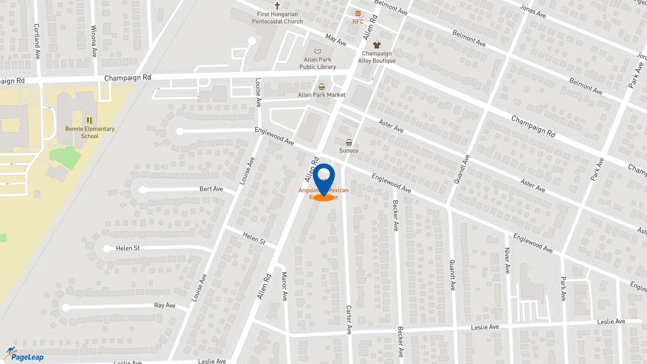 https://pageleap.com map showing location of Angelina&#039;s Mexican Restaurant in Allen Park.