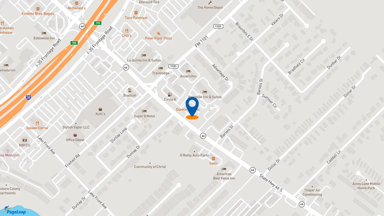 https://pageleap.com map showing location of Aster Dental in New Braunfels.