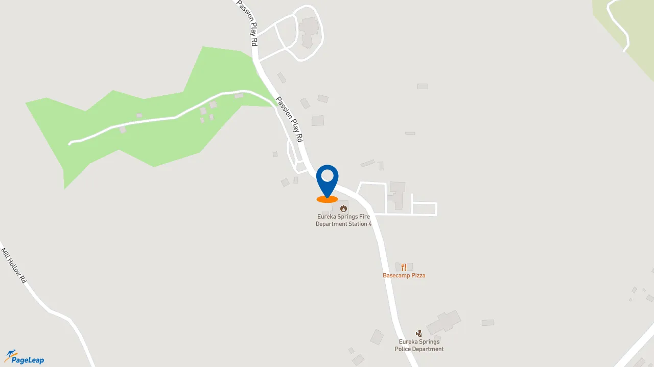 https://pageleap.com map showing location of Basecamp Pizza, Burgers &amp; Coffee Restaurant in Eureka Springs.