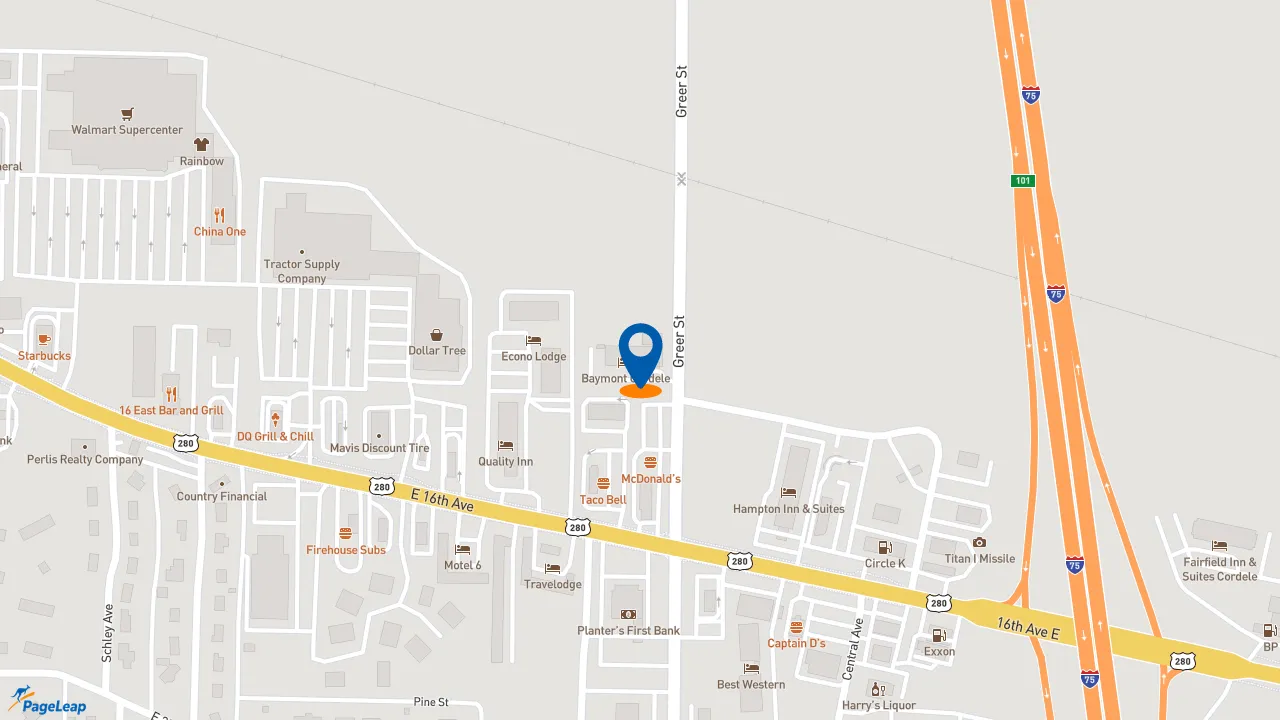 https://pageleap.com map showing location of Baymont by Wyndham Cordele in Cordele.