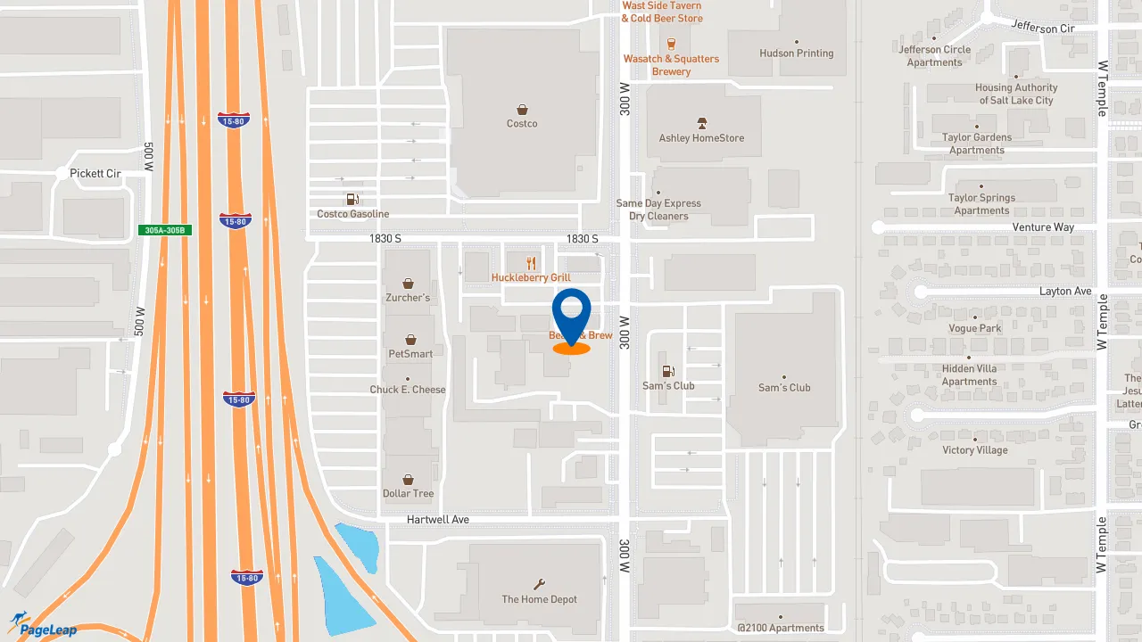 https://pageleap.com map showing location of Beans &amp; Brews Coffeehouse in Salt Lake City.
