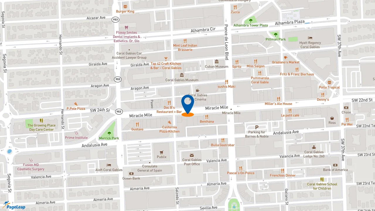 https://pageleap.com map showing location of Bellissima Bridal Designs in Coral Gables.