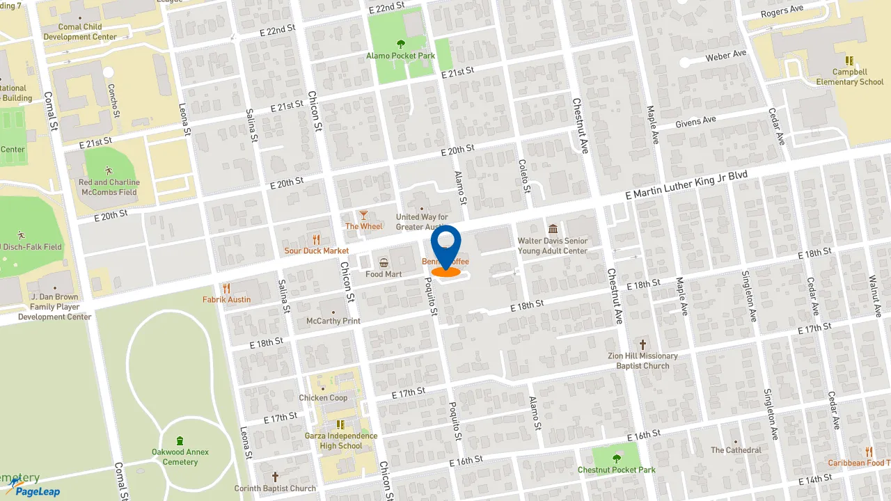 https://pageleap.com map showing location of Bennu Coffee in Austin.