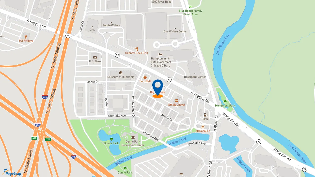 https://pageleap.com map showing location of Big Chicken in Rosemont.