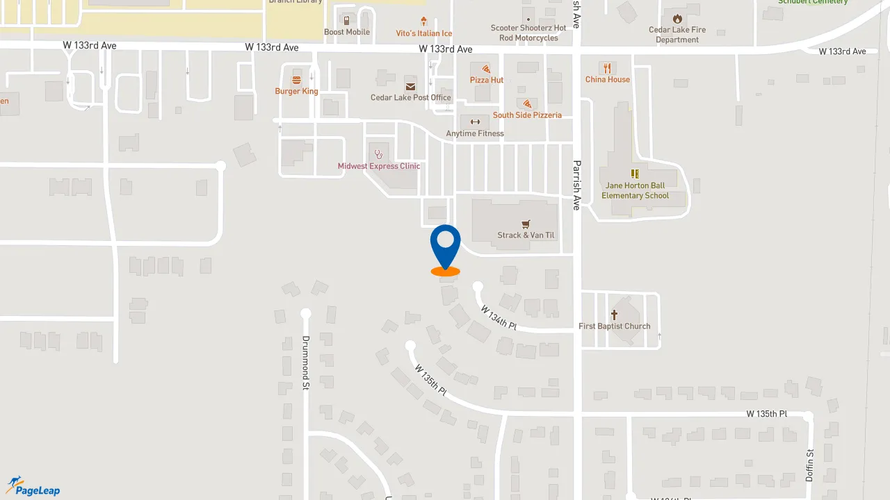 https://pageleap.com map showing location of Biggby Coffee in Cedar Lake.