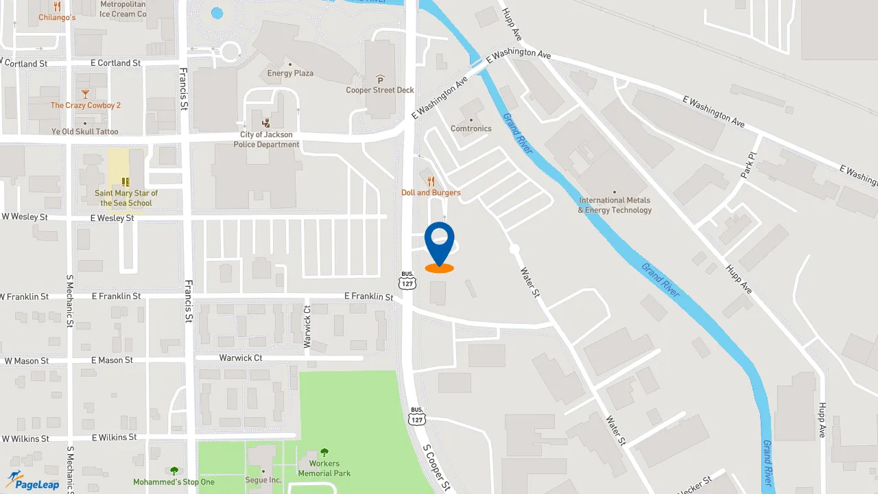 https://pageleap.com map showing location of BIGGBY COFFEE in Jackson.