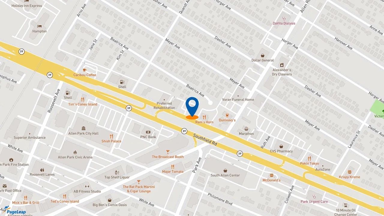 https://pageleap.com map showing location of Biggby Coffee in Allen Park.