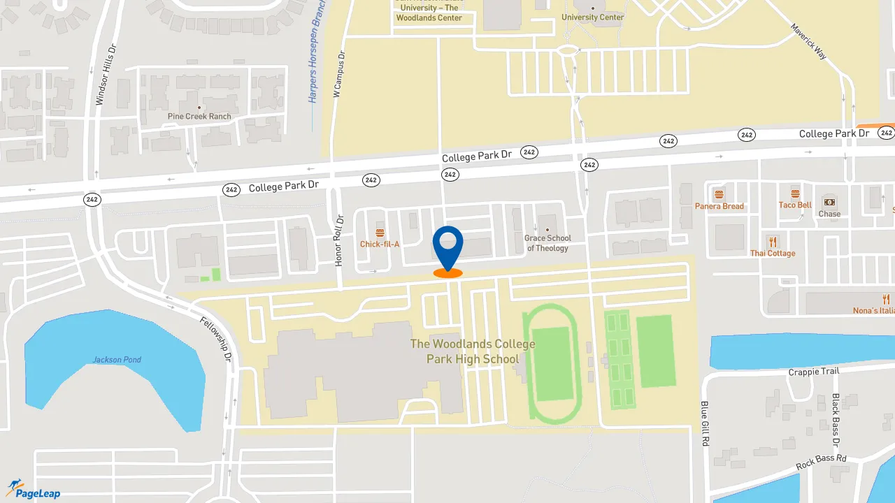 https://pageleap.com map showing location of Black Rock Coffee Bar in The Woodlands.