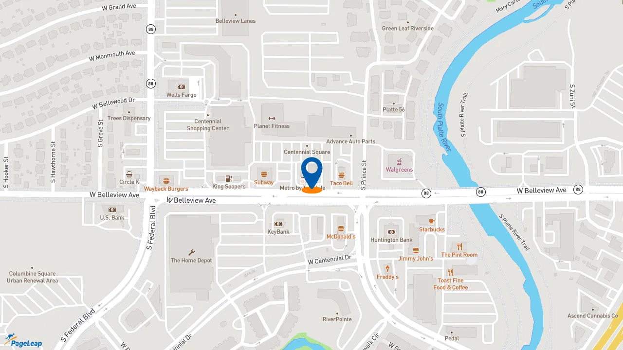 https://pageleap.com map showing location of Black Rock Coffee Bar in Littleton.