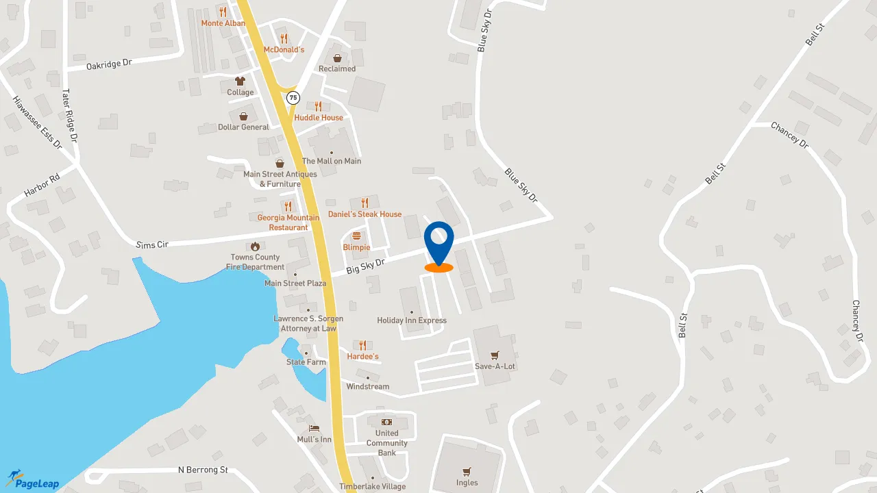 https://pageleap.com map showing location of Blimpie in Hiawassee.
