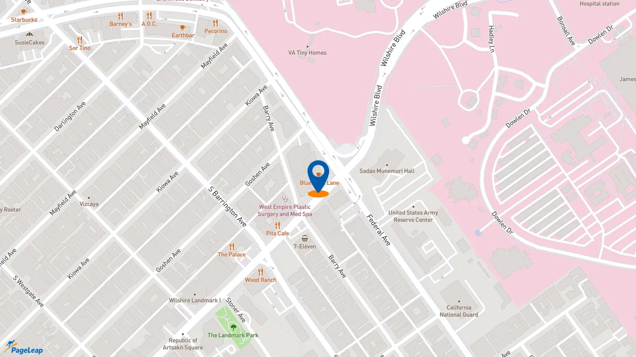 https://pageleap.com map showing location of Bluestone Lane Brentwood Coffee Shop in Los Angeles.