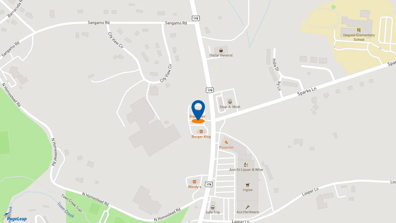 https://pageleap.com map showing location of Bojangles in Pickens.