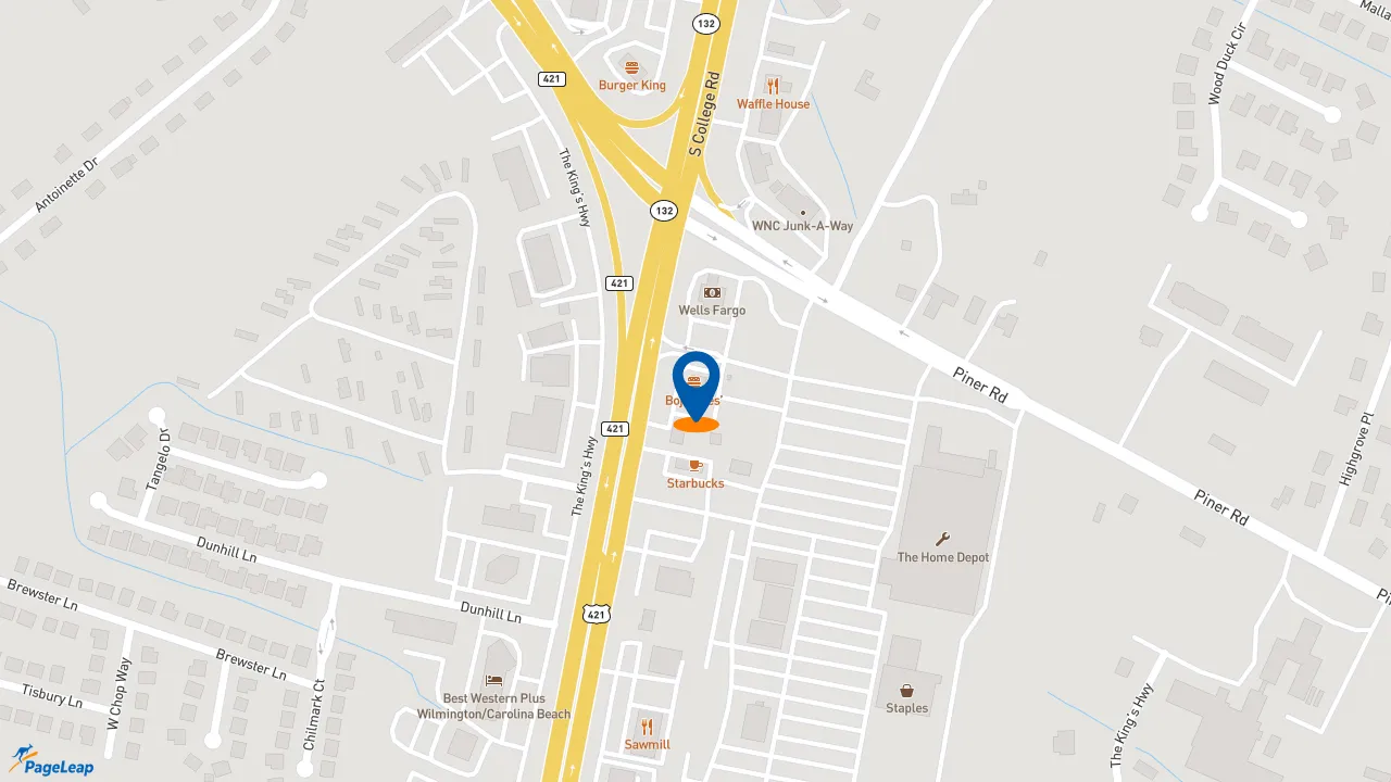 https://pageleap.com map showing location of Bojangles in Wilmington.