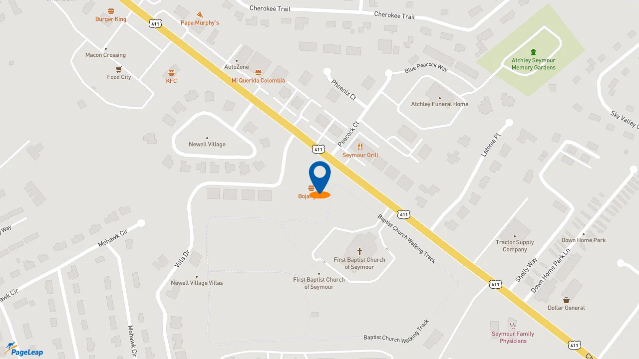 https://pageleap.com map showing location of Bojangles in Seymour.