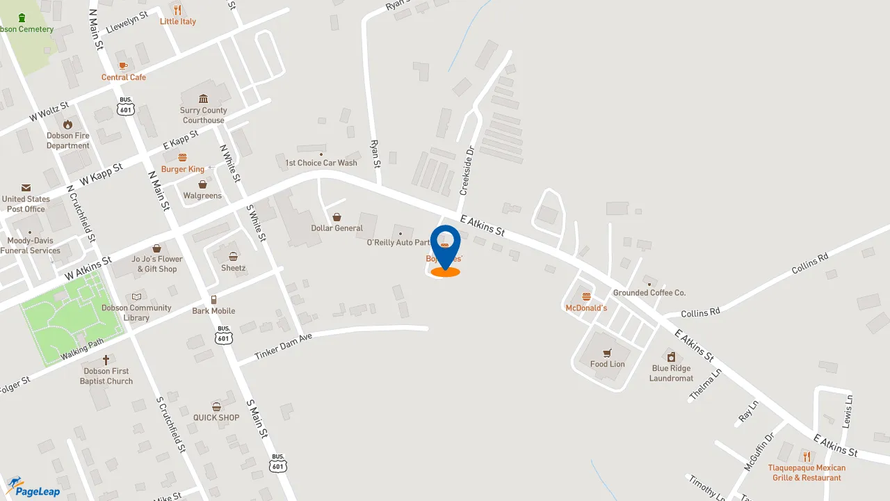 https://pageleap.com map showing location of Bojangles in Dobson.
