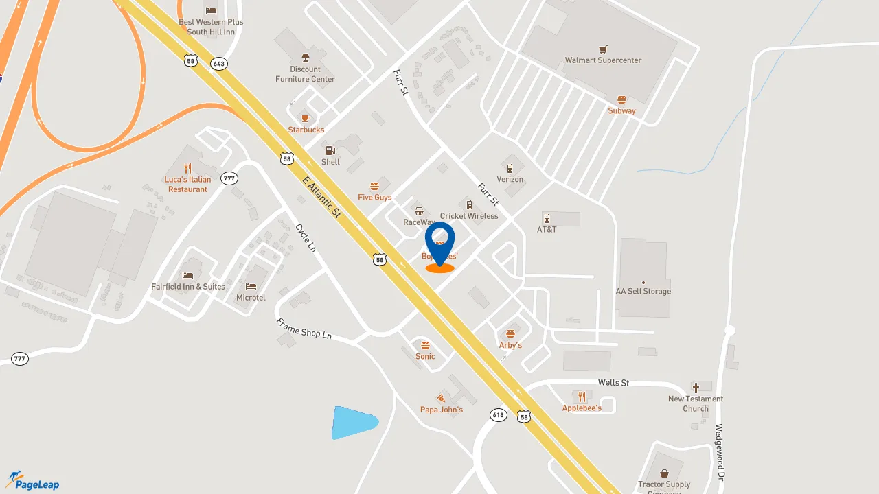 https://pageleap.com map showing location of Bojangles in South Hill.