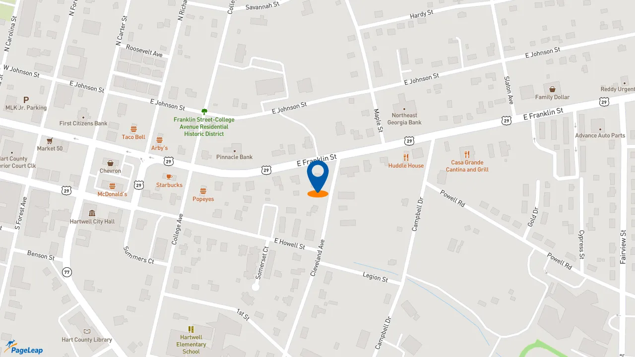https://pageleap.com map showing location of Bojangles in Hartwell.