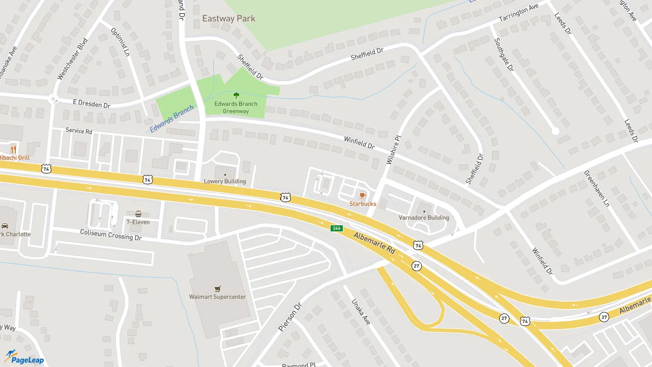 https://pageleap.com map showing location of Bojangles in Charlotte.