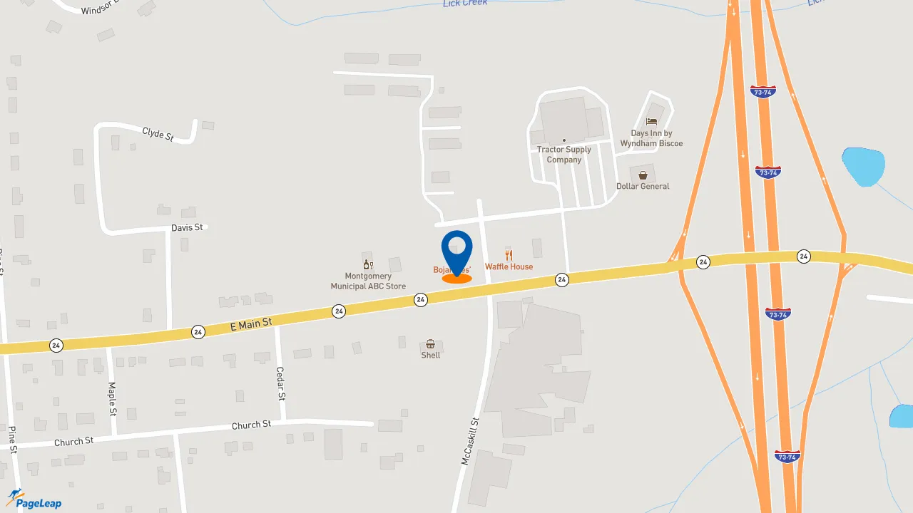 https://pageleap.com map showing location of Bojangles in Biscoe.