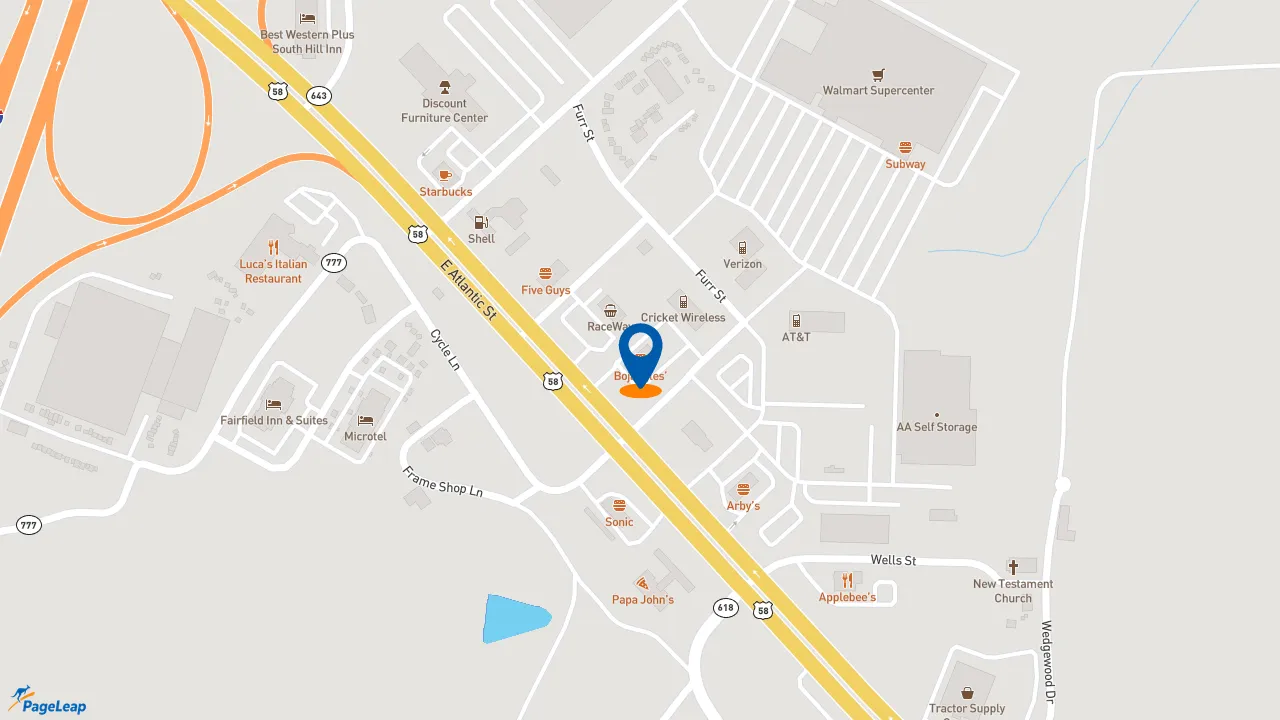 https://pageleap.com map showing location of Bojangles in South Hill.