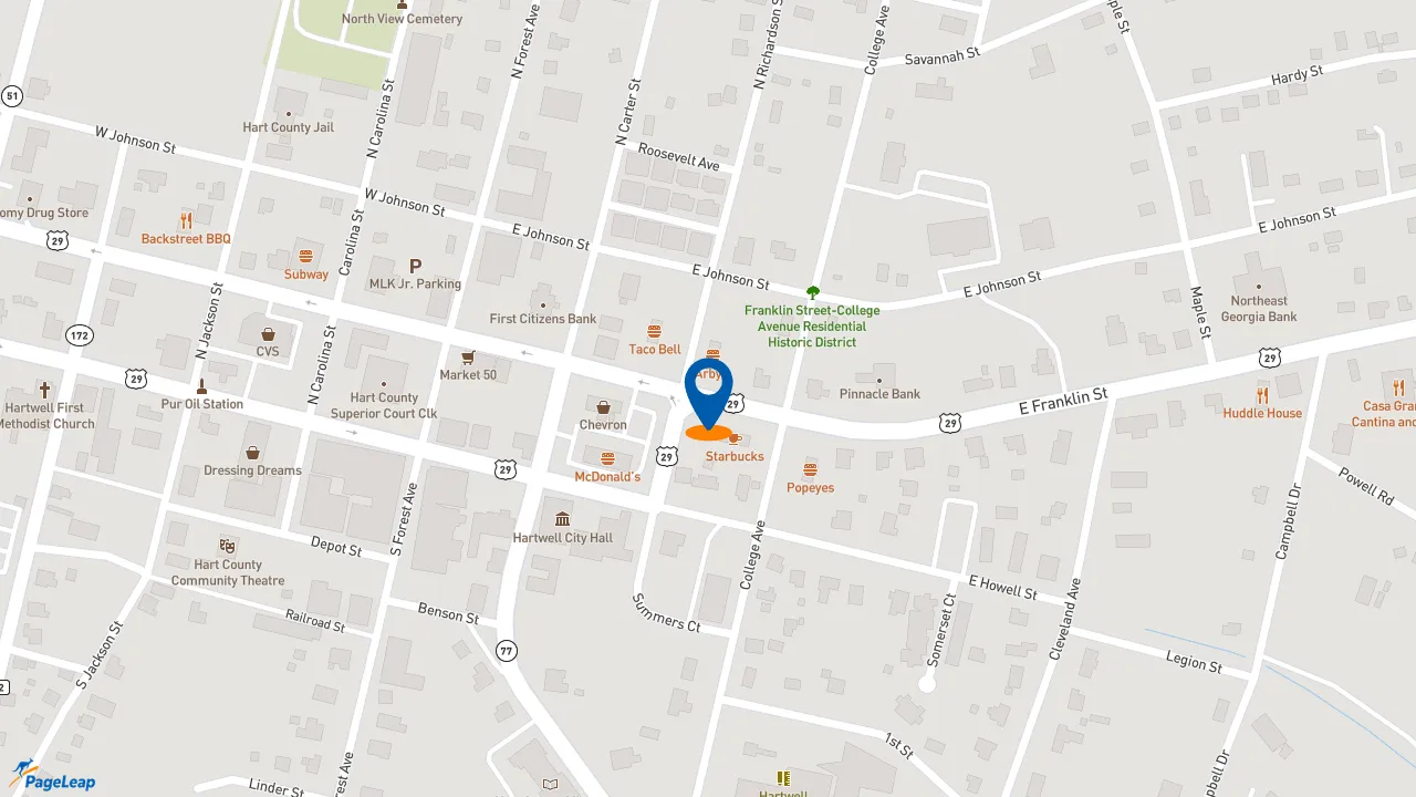 https://pageleap.com map showing location of Bojangles in Hartwell.