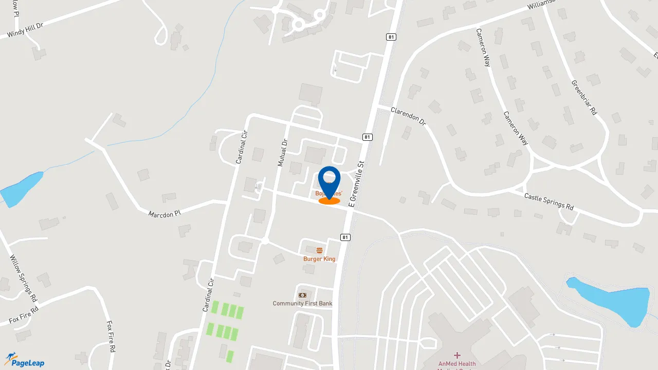 https://pageleap.com map showing location of Bojangles in Anderson.