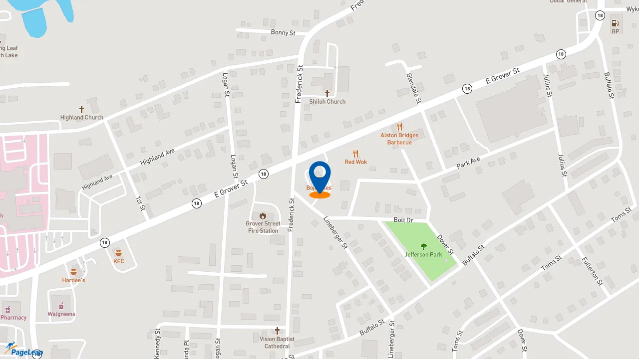 https://pageleap.com map showing location of Bojangles in Shelby.
