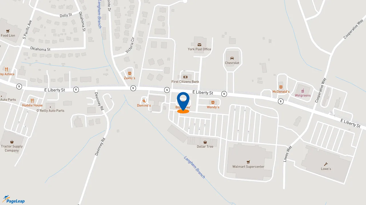 https://pageleap.com map showing location of Bojangles in York.