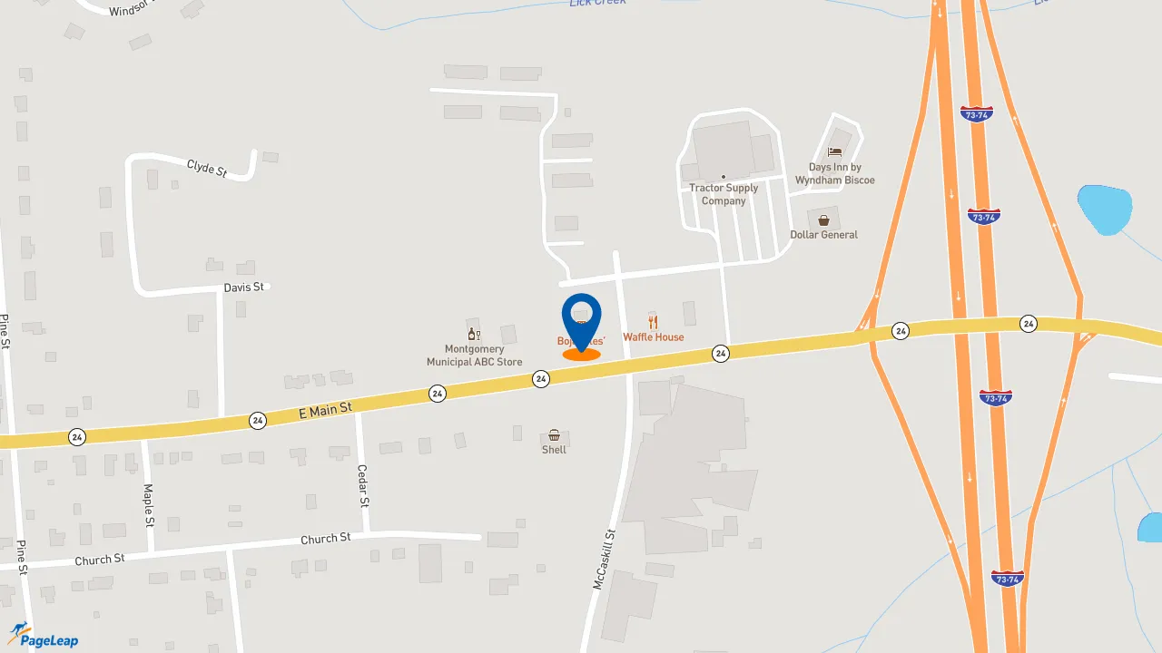 https://pageleap.com map showing location of Bojangles in Biscoe.