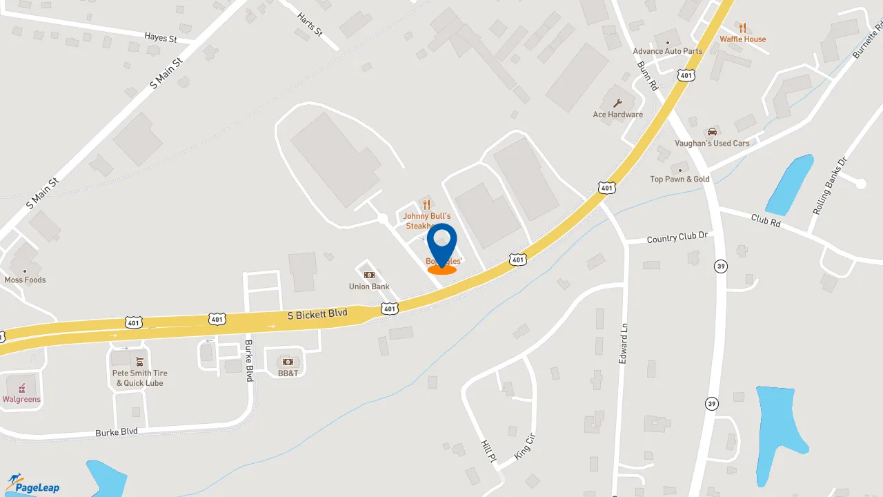https://pageleap.com map showing location of Bojangles in Louisburg.
