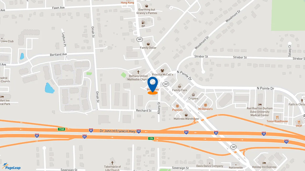 https://pageleap.com map showing location of Bojangles in Durham.