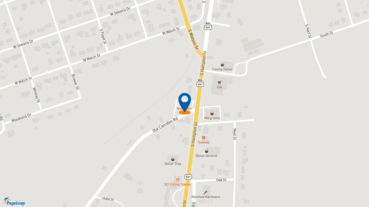 https://pageleap.com map showing location of Bojangles in Kershaw.