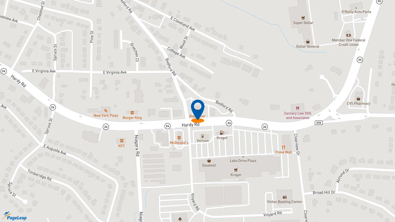 https://pageleap.com map showing location of Bojangles in Vinton.
