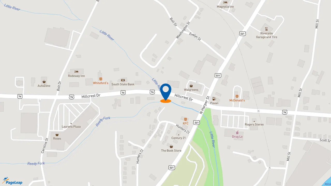 https://pageleap.com map showing location of Bojangles in Laurens.