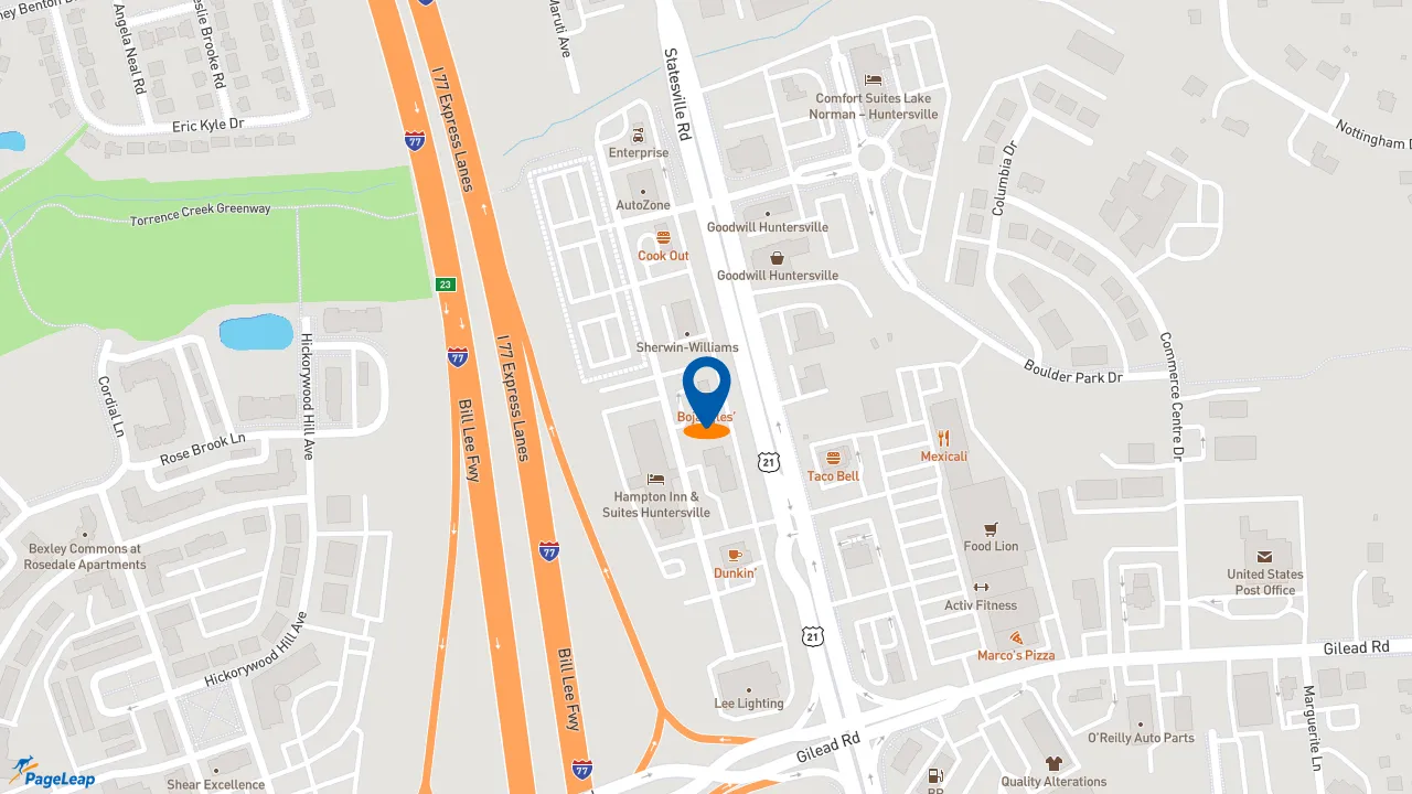 https://pageleap.com map showing location of Bojangles in Huntersville.
