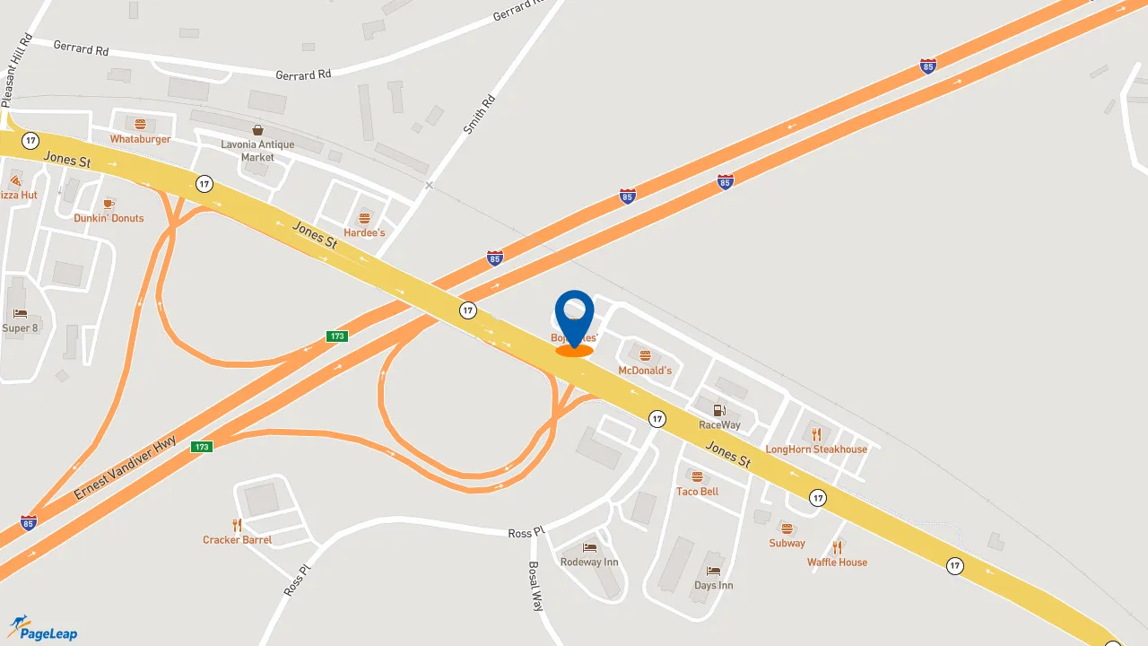 https://pageleap.com map showing location of Bojangles in Lavonia.